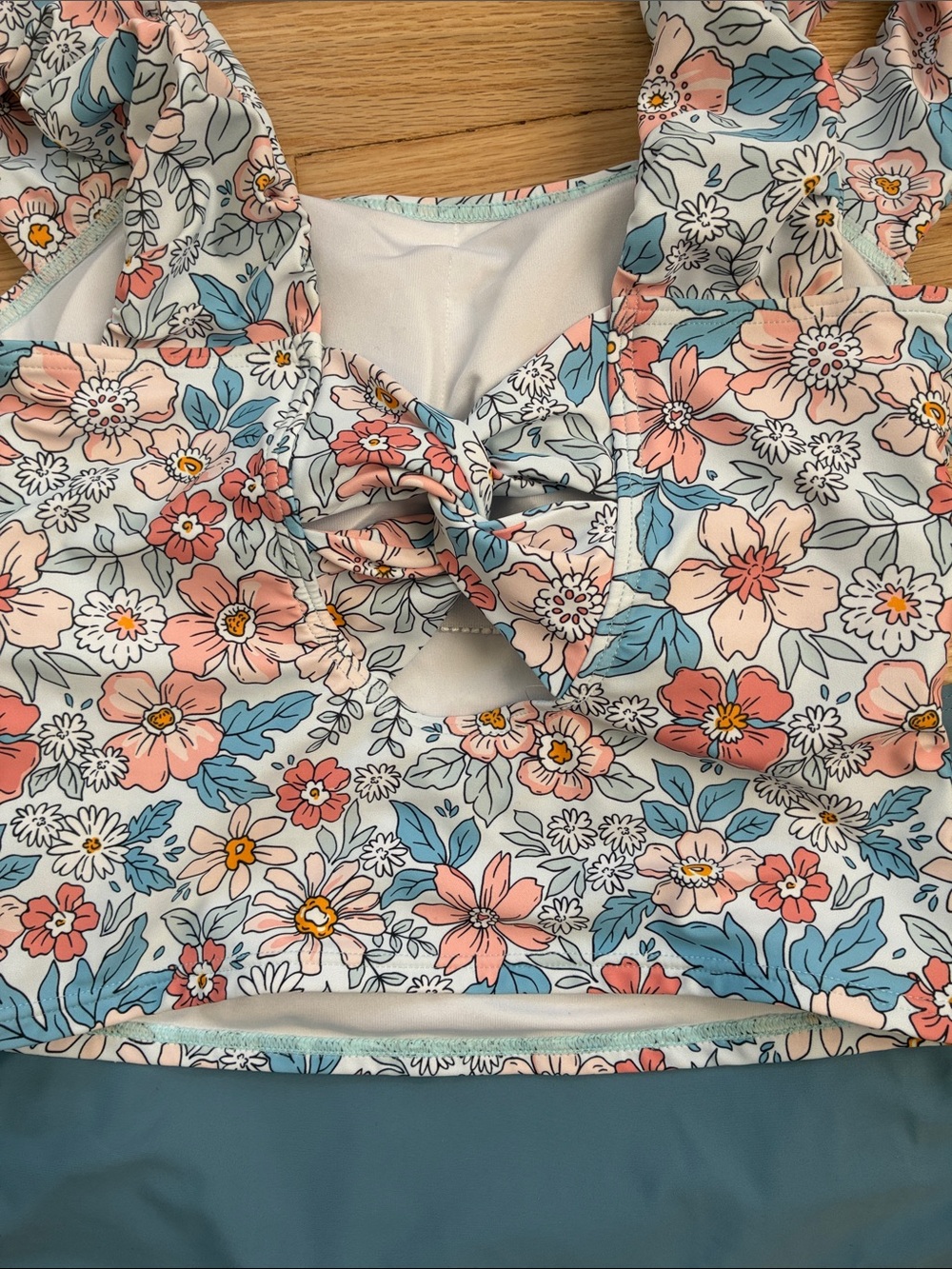 Floral Ruffle Strap Bikini Top with Dusty Blue High-Waist Bottoms - Picture 3 of 4
